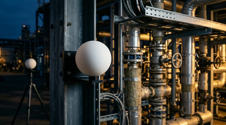 3D laser scanning production scene — white spherical registration target on a bracket beside an insulated pipe rack | Global Formulation
