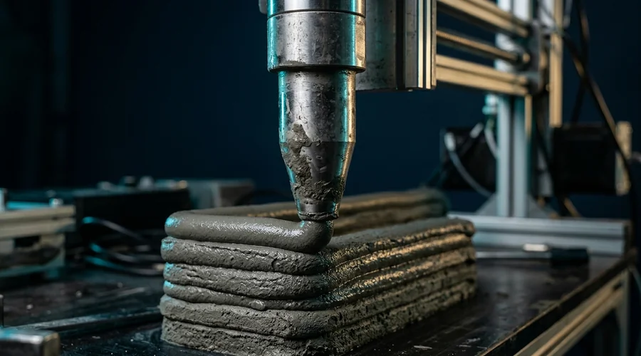 3D printed concrete process diagram — printhead nozzle depositing a continuous bead of mortar | Global Formulation