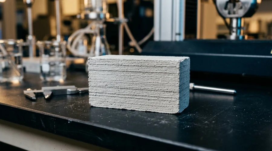 3D printed concrete comparison infographic — layered printed mortar specimen showing inter-layer bond lines | Global Formulation