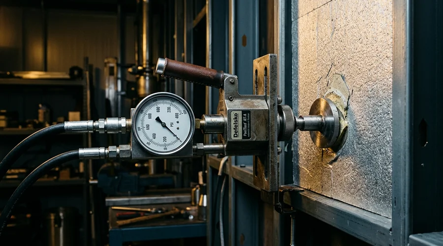bond strength pull test on insulation panel — steel test disc and pull tester rig on a wall-mounted insulation sample | Global Formulation