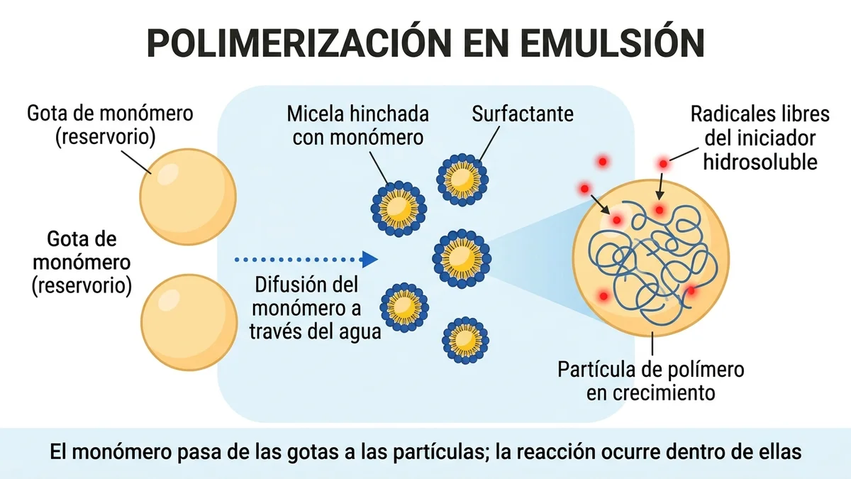 Figura 1: Polimerización en emulsión: las gotas de monómero abastecen a las partículas de polímero en crecimiento