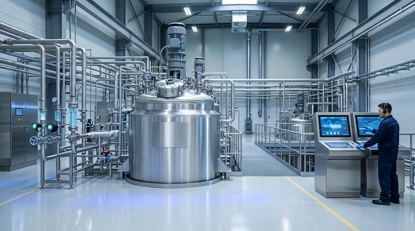 Reactor de acero inoxidable con agitador, tuberías cromadas y tableros de control con pantallas en una planta industrial iluminada de azul