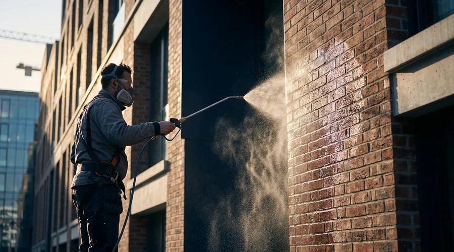 facade spray application of water repellent on a masonry building exterior | Global Formulation infographic