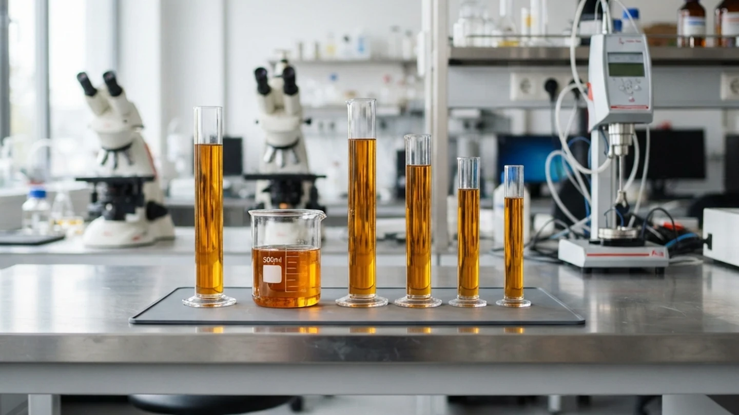 Banco de acero inoxidable con un vaso de precipitados y probetas graduadas llenos de aceite ámbar, con microscopios al fondo