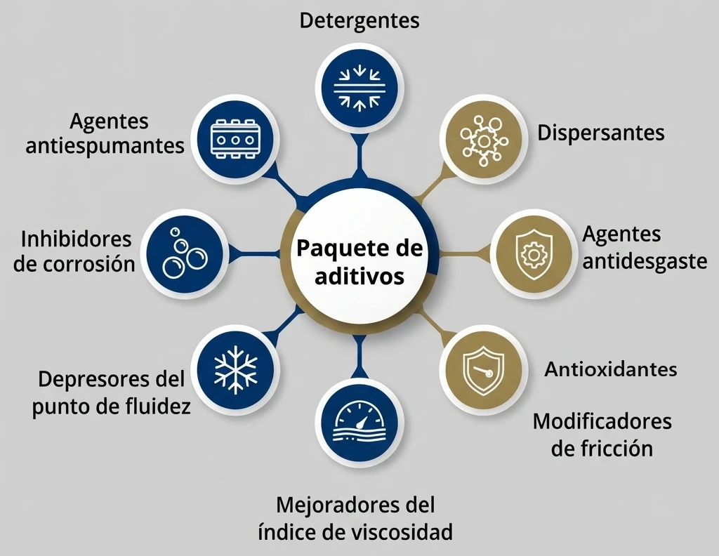 Esquema con un círculo central «Paquete de aditivos» conectado a nueve clases de aditivos: detergentes, dispersantes, antidesgaste, antioxidantes y otras