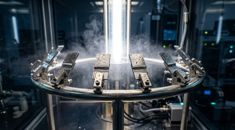 accelerated weathering adhesive test process diagram — bonded joint specimens on a rotating rack inside a xenon-arc weathering chamber under bright filtered light with a water-spray mist | Global Formulation diagram