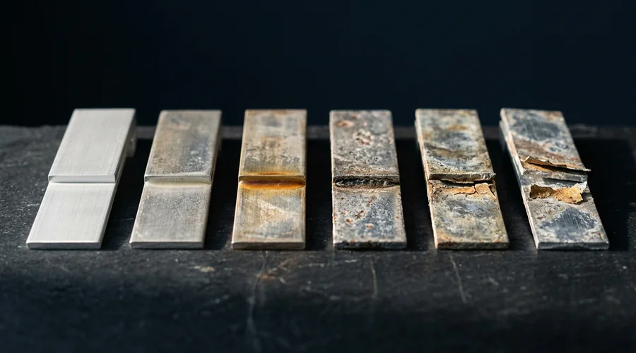 adhesive service life prediction comparison infographic — a row of aged bonded lap-shear coupons on a dark bench, progressively more discoloured and with the adhesive line failing along the row | Global Formulation infographic