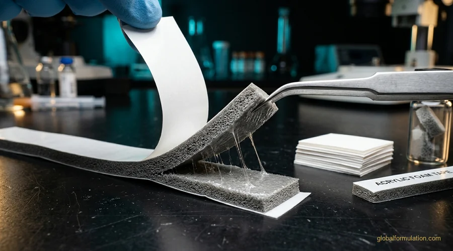 foam tape double sided application — a strip of acrylic foam tape peeled apart to reveal its foam core and adhesive faces on a laboratory bench | Global Formulation