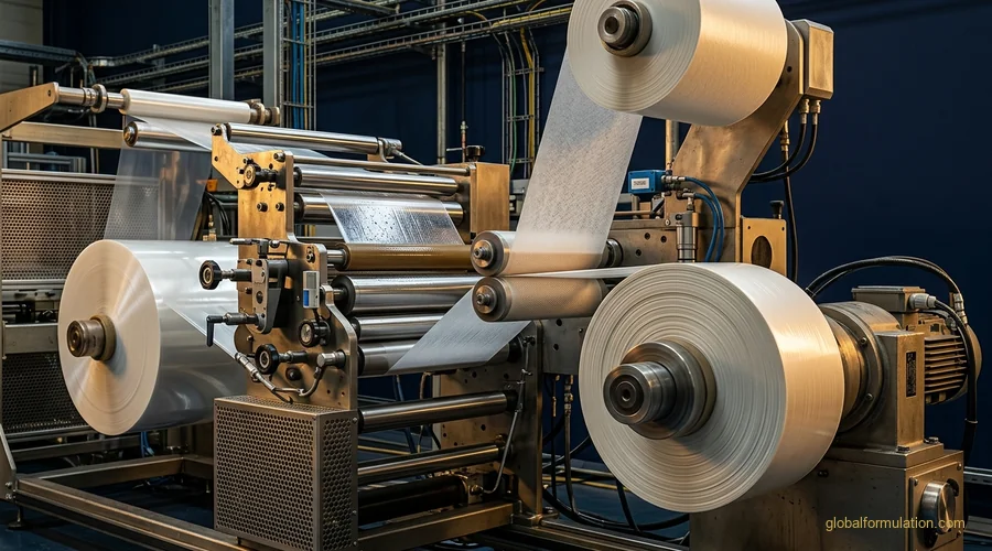 tape manufacturing coating line — a wide roll of backing film feeding through adhesive coating rollers with release liner winding onto a take-up spool | Global Formulation