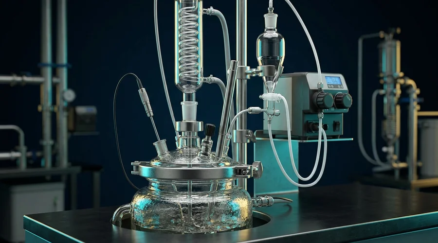 adiabatic temperature rise process detail — calibrated temperature probe and metering pump on a jacketed glass reactor | Global Formulation
