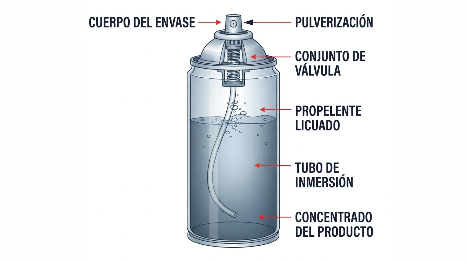 Corte de un envase de aerosol con sus partes rotuladas: cuerpo del envase, conjunto de válvula, tubo de inmersión, propelente licuado y concentrado del producto