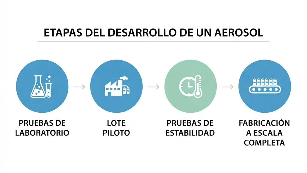 Flujo de cuatro etapas del desarrollo de un aerosol: pruebas de laboratorio, lote piloto, pruebas de estabilidad y fabricación a escala completa