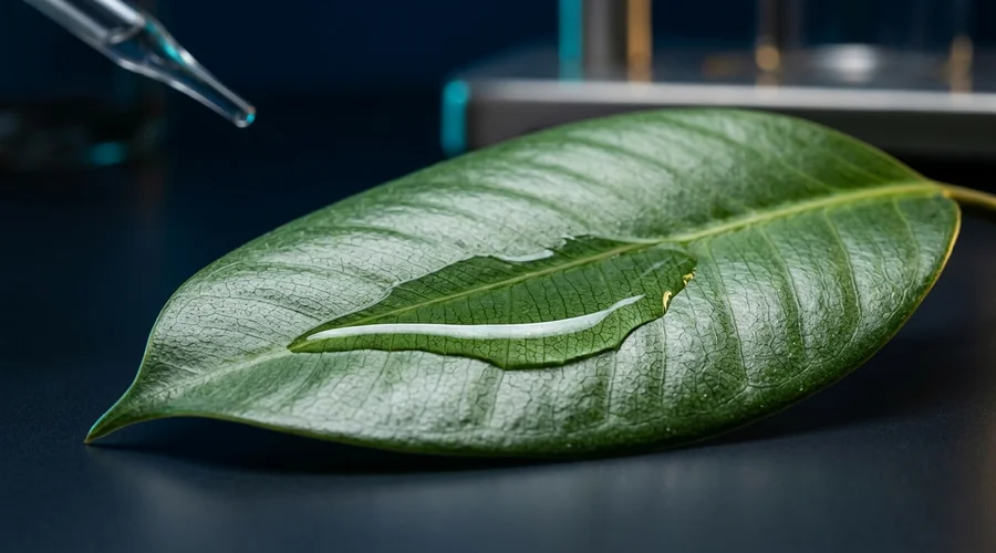 agricultural adjuvant process diagram — droplet spreading and flattening on a green leaf surface macro shot | Global Formulation