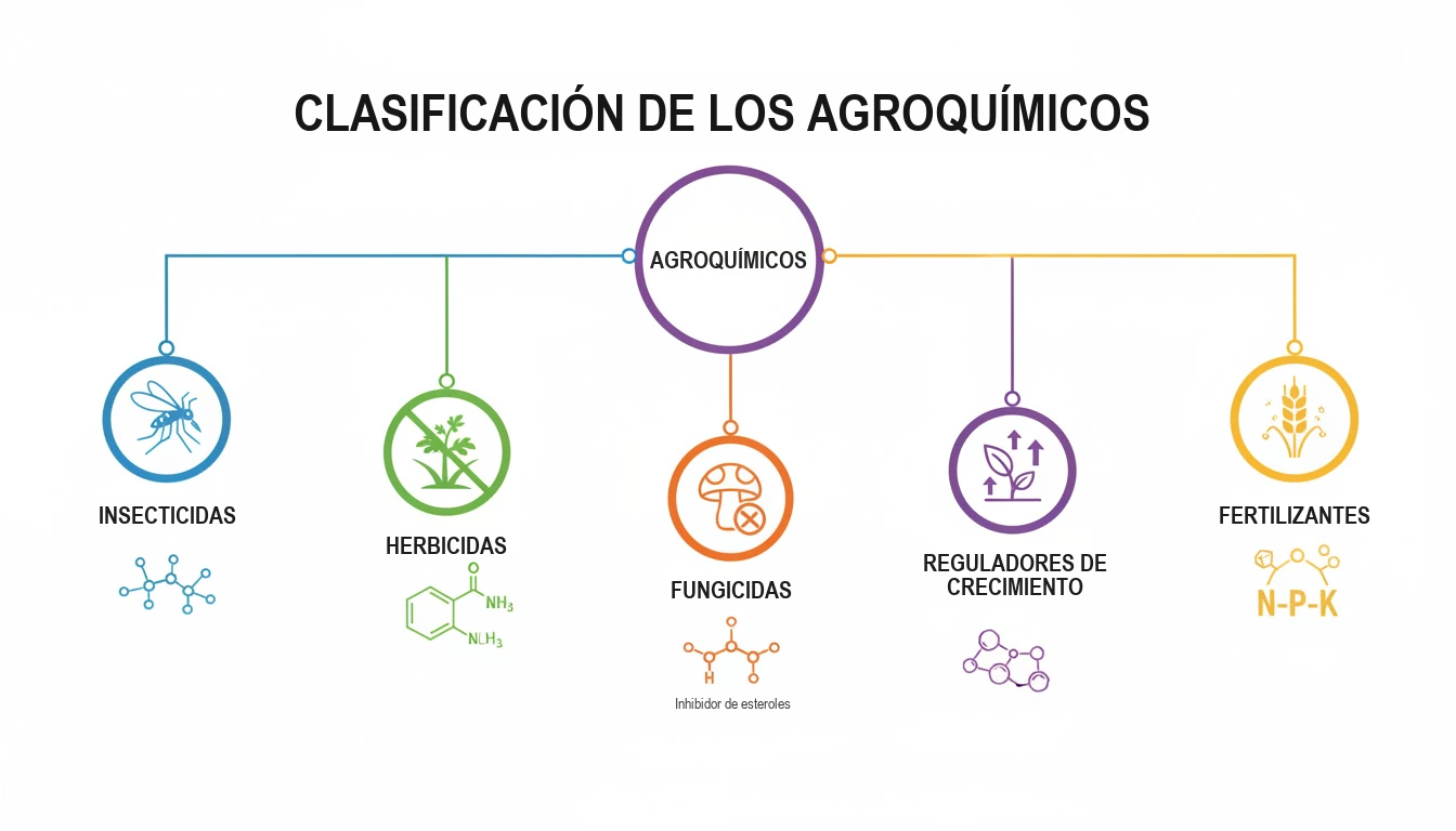Esquema de clasificación de los agroquímicos con cinco ramas: insecticidas, herbicidas, fungicidas, reguladores de crecimiento y fertilizantes