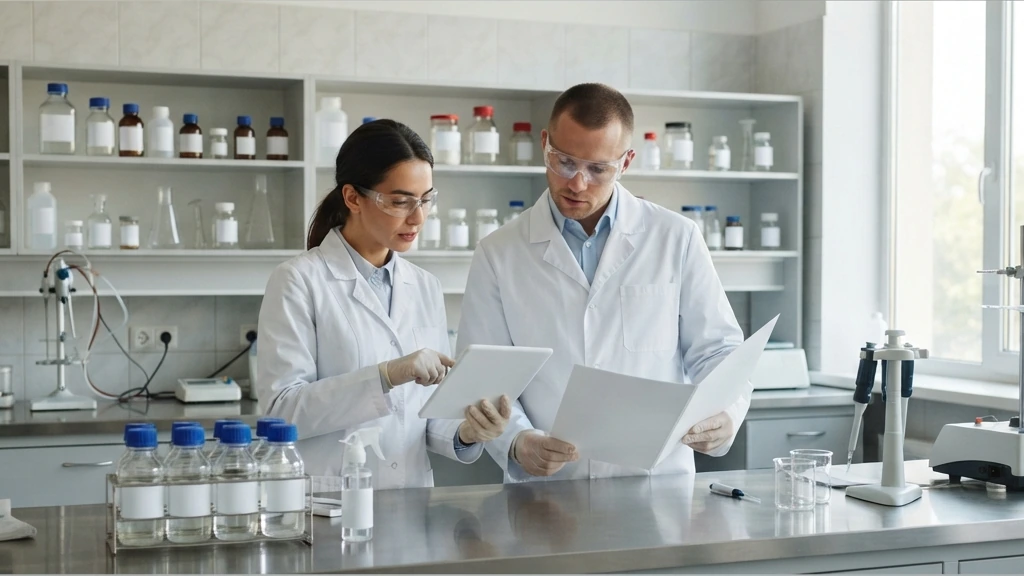 Dos técnicos de laboratorio con bata y gafas revisan un expediente técnico en una tableta y en una carpeta, junto a frascos de muestra con etiquetas en blanco