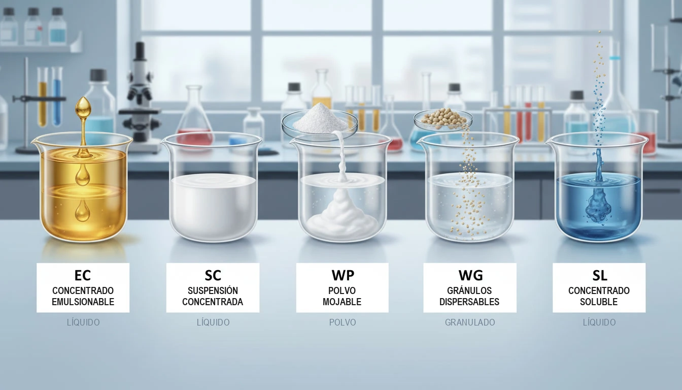 Cinco vasos de laboratorio con muestras de formulaciones de plaguicidas: concentrado emulsionable, suspensión concentrada, polvo mojable, gránulos dispersables y concentrado soluble