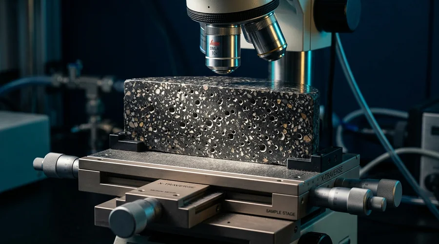 air entrainment chemistry concrete process diagram — laboratory linear traverse microscope analysis of a polished concrete section measuring void spacing | Global Formulation