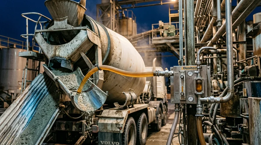 freeze thaw resistant concrete admixture dosing — liquid admixture being metered into a ready mix concrete truck drum at a batch plant | Global Formulation