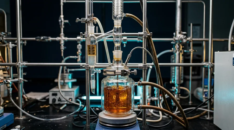 alkyd resin manufacture process detail — Dean-Stark water separator and reflux condenser above a jacketed glass reactor holding hot amber alkyd melt | Global Formulation
