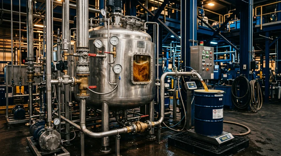 alkyd resin manufacture production scene — resin plant thinning tank and drum-filling station with amber alkyd solution and stainless pipework | Global Formulation