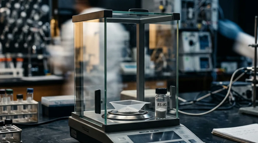 analytical method validation comparison infographic — analytical balance weighing a reference standard on a dark bench | Global Formulation