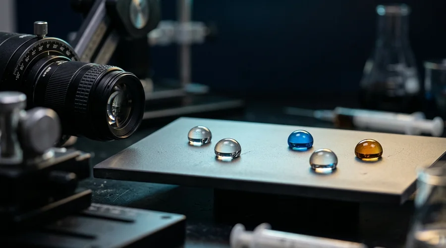 hydrophobic anti-graffiti coating surface tension test — water and solvent droplets beading on a coated panel | Global Formulation