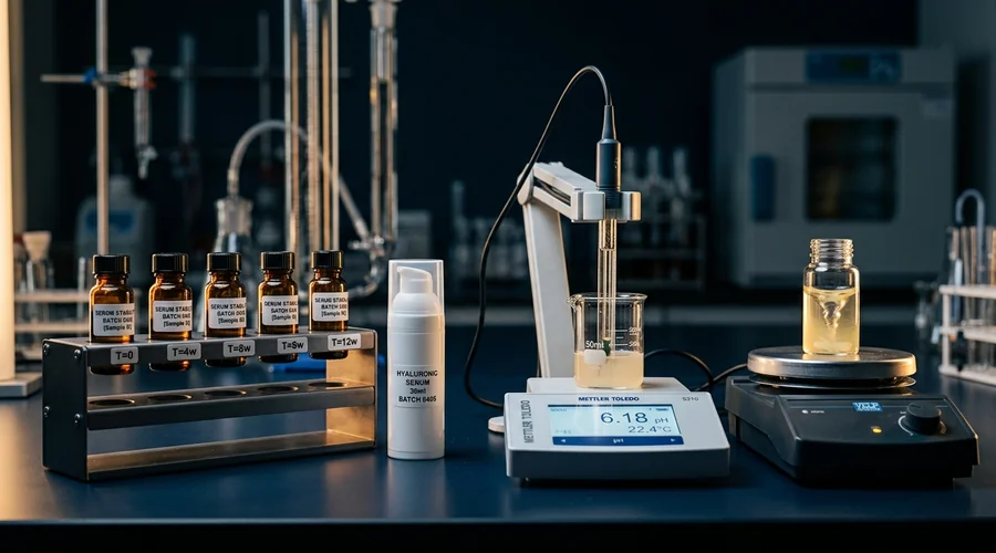 pollution defense serum formulation — antioxidant serum development on a laboratory bench with airless packaging and pH testing | Global Formulation infographic