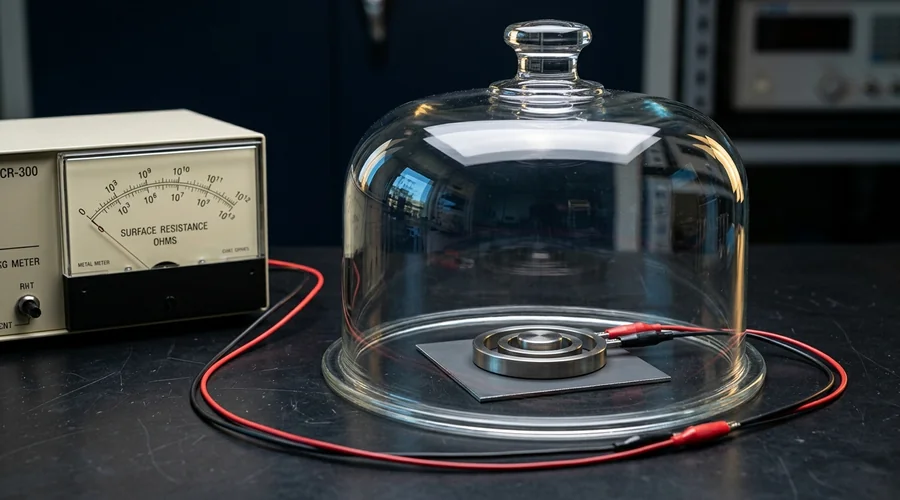 carbon filled conductive paint resistivity test — a coated test panel wired to a surface resistance meter on a dark laboratory bench | Global Formulation diagram