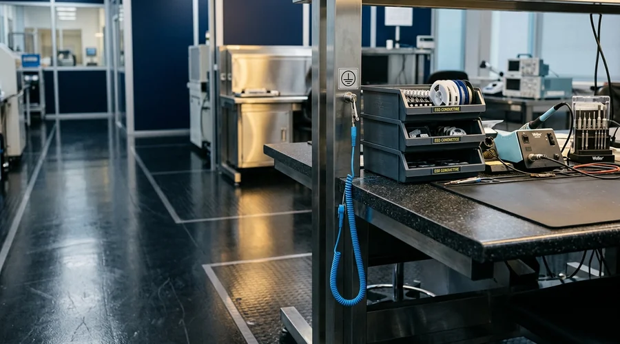 cleanroom ESD flooring — a seamless conductive resin floor in an electronics cleanroom with an anti-static workbench and grounded assembly station | Global Formulation infographic