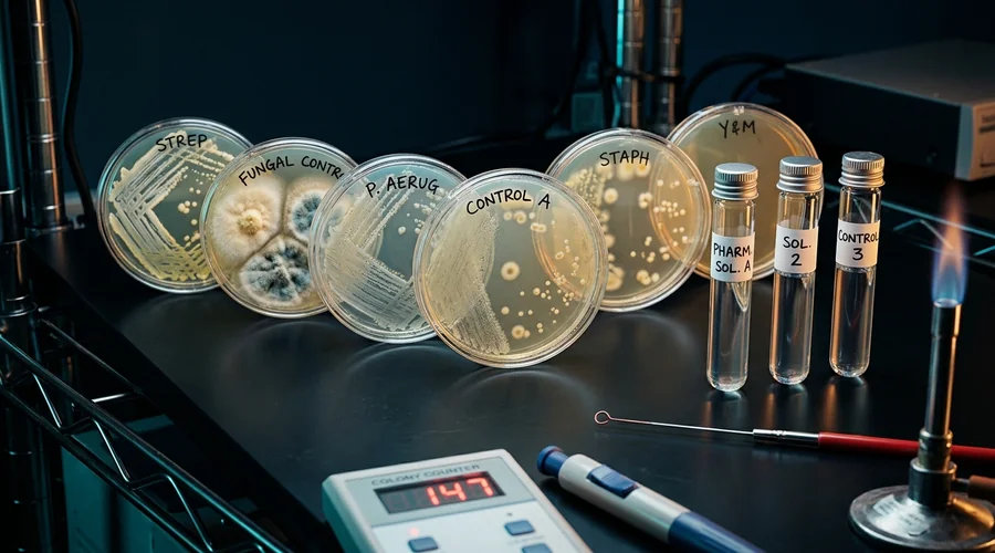 multi-dose pharmaceutical preservative efficacy test — control agar plates beside preserved solution under lab lighting | Global Formulation