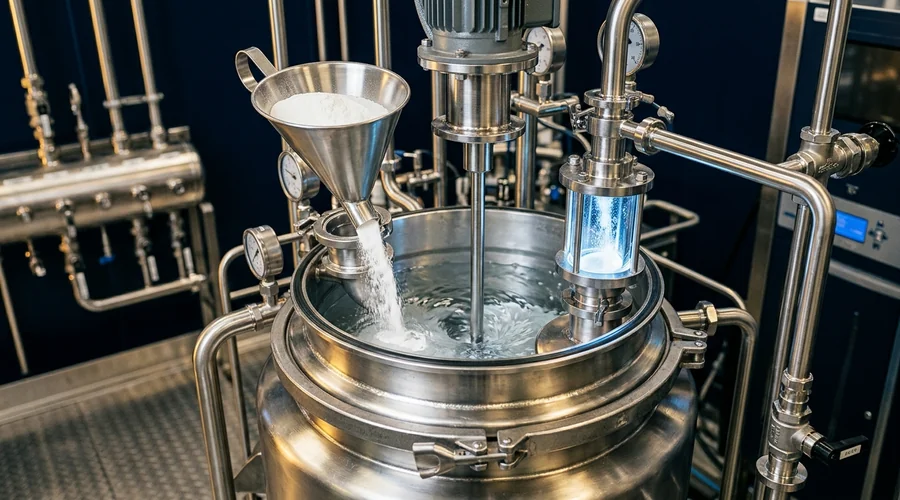 pharmaceutical preservative addition — preservative charge added to a compounding vessel in a clean production suite | Global Formulation