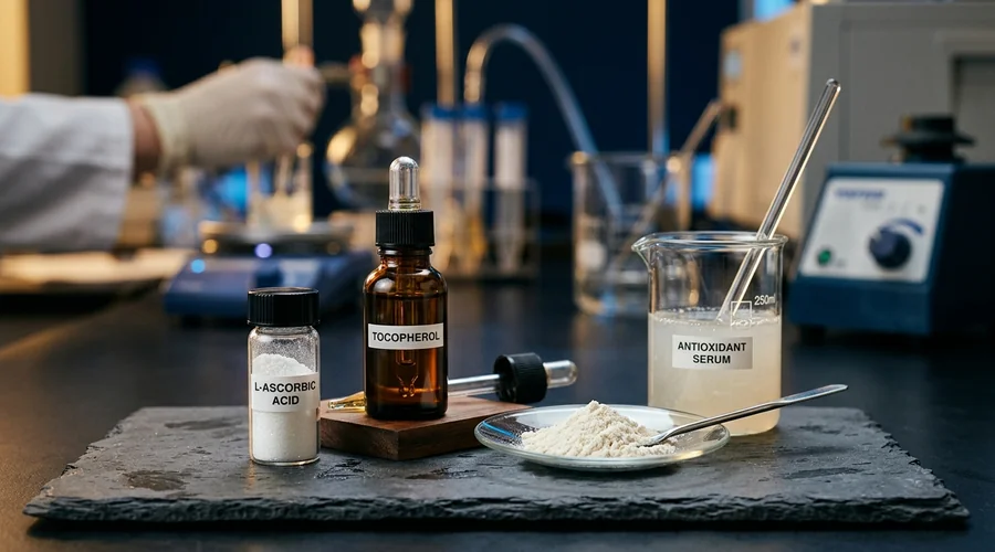 antioxidant systems cosmetics comparison infographic — vitamin C, vitamin E and ferulic acid raw material samples arranged on a dark laboratory bench | Global Formulation