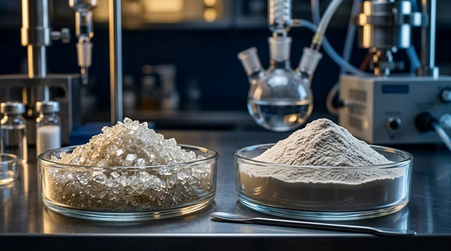 API micronization comparison infographic — coarse and micronized powder samples compared side by side | Global Formulation