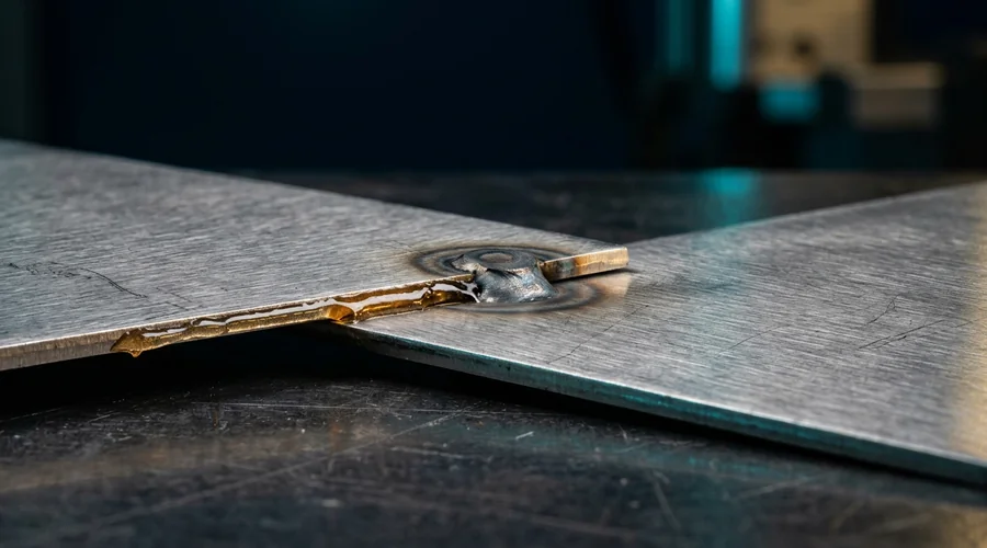 weld bonding car chassis application diagram — a spot-welded steel joint with a visible amber adhesive bond line on a dark workbench | Global Formulation
