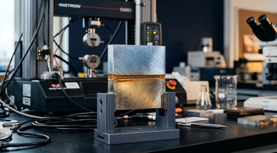 multi-material bonded car body cross section — a cut sample showing aluminum and steel panels joined by a visible epoxy bond line on a lab bench | Global Formulation