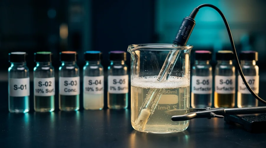 infant skin barrier formulation testing — pH meter probe measuring a mild surfactant solution in a laboratory beaker | Global Formulation