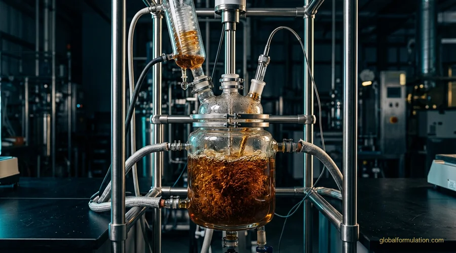 reactor selection process detail — jacketed glass laboratory reactor with reflux condenser and thermowell mid-reaction | Global Formulation
