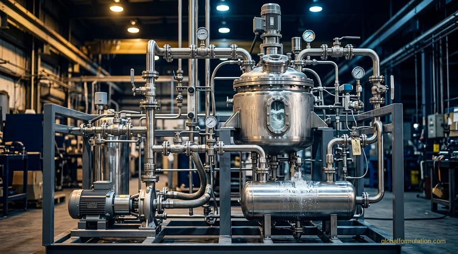 reactor selection production scene — pilot plant skid with reactor, receiver and pump under industrial lighting | Global Formulation