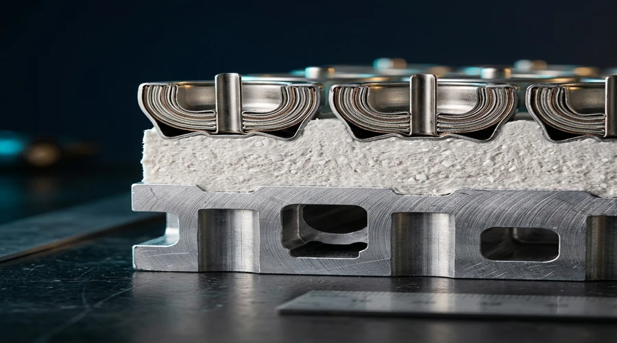 thermal gap filler cross section — cured gap filler layer bridging battery cells and a liquid cooling plate | Global Formulation