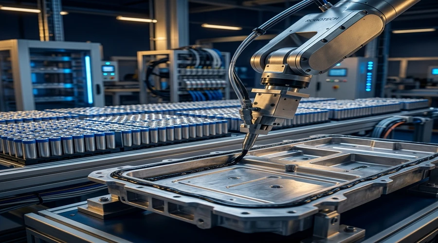 structural adhesive battery module assembly — robotic dispensing arm applying adhesive beads in an EV battery plant | Global Formulation