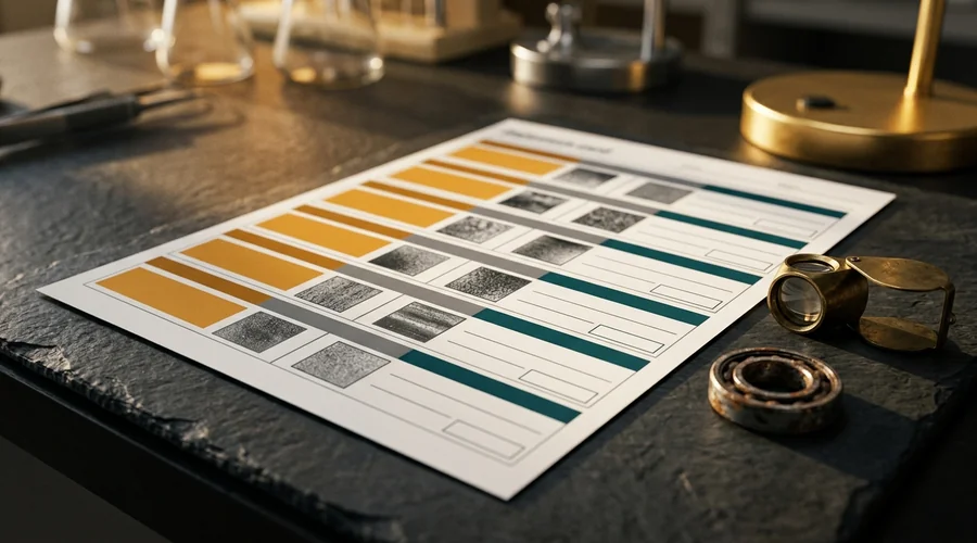 bearing failure troubleshooting infographic — printed diagnostic reference card mapping surface damage to starvation or contamination | Global Formulation