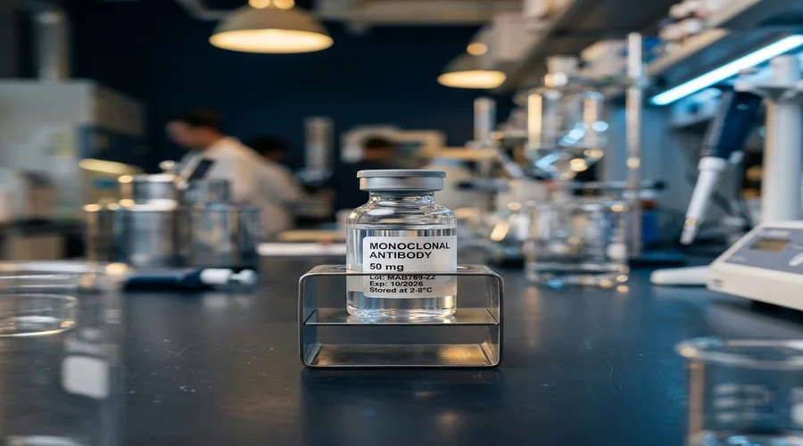 biologics formulation comparison infographic — monoclonal antibody vial under laboratory lighting | Global Formulation