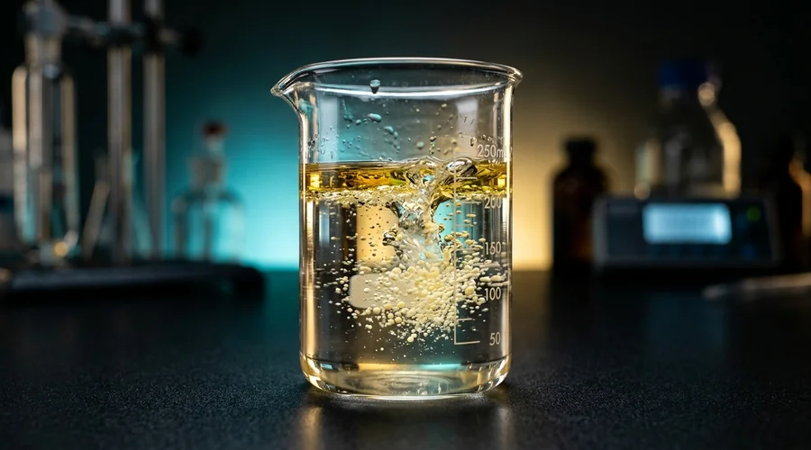 sophorolipid biosurfactant cleaner — a macro shot of a biosurfactant solution emulsifying a layer of oil into fine milky droplets inside a glass beaker | Global Formulation diagram