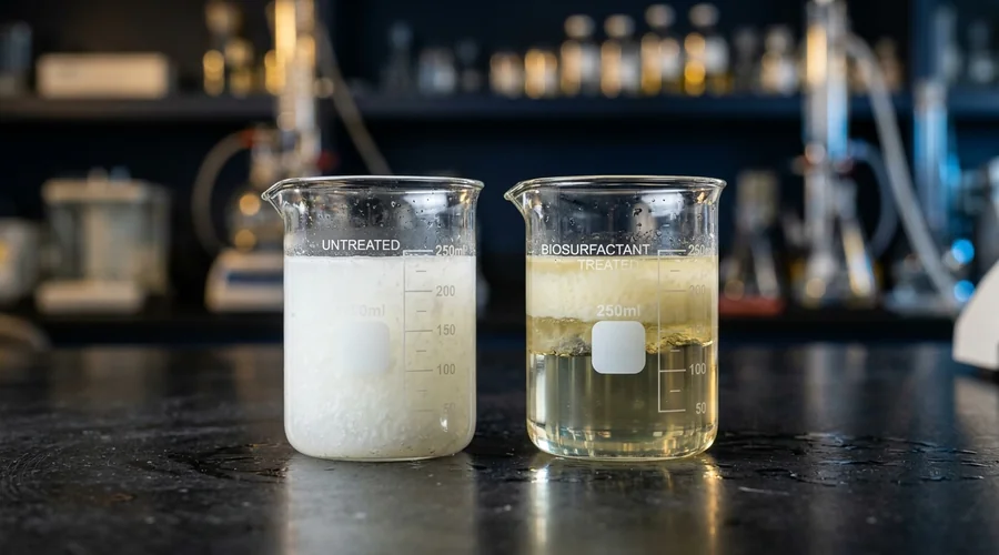 biodegradable surfactant detergent — two glass beakers side by side, one with cloudy grease-laden water and one clarified after biosurfactant cleaning of a steel coupon | Global Formulation infographic