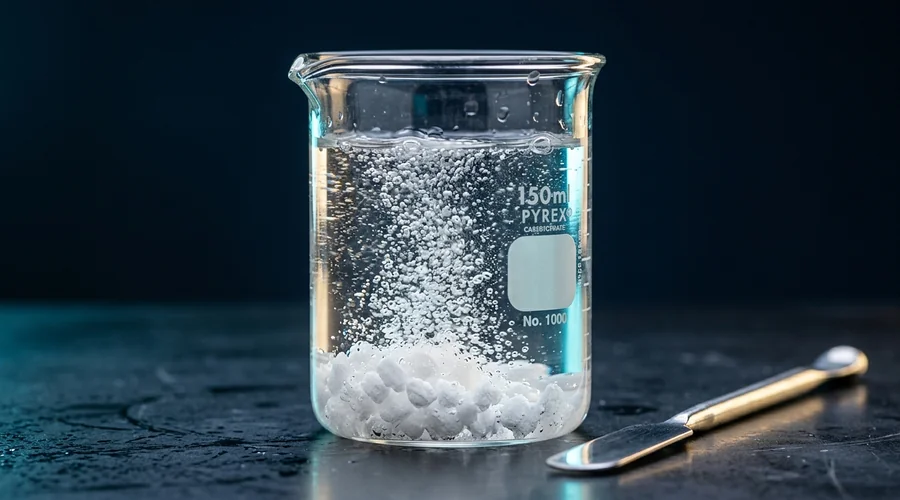 sodium percarbonate oxygen bleach — white percarbonate granules dissolving and fizzing in a glass beaker of water on a dark laboratory bench | Global Formulation