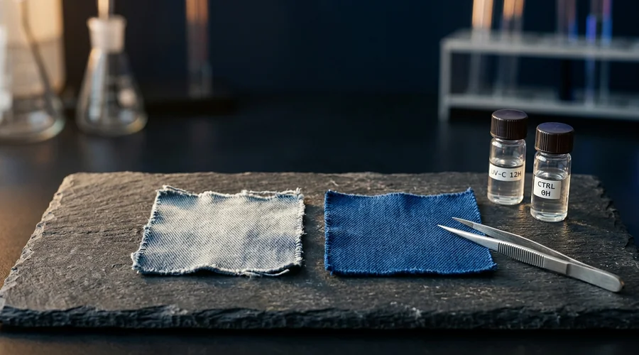 color safe bleach fabric comparison — two white fabric swatches on a dark laboratory bench, one showing dye damage and one intact, beside test vials | Global Formulation