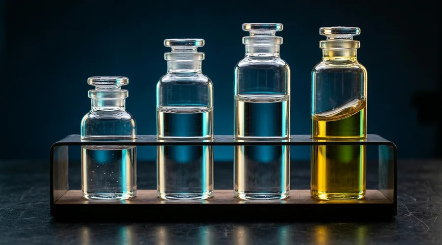 body lotion emollient chemistry — emollient oils arranged in glass vials on a lab bench | Global Formulation