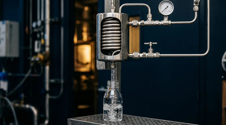 boiler water treatment comparison infographic — sample cooler drawing hot boiler water into a glass sample bottle | Global Formulation