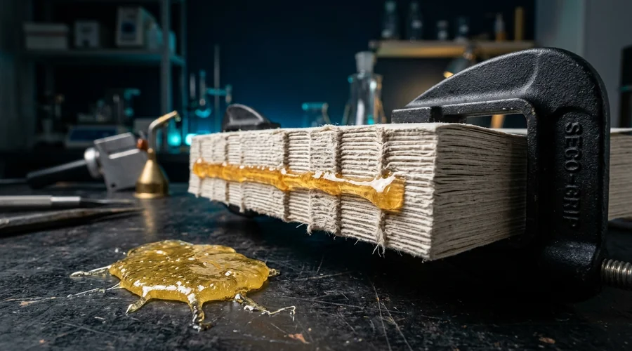 perfect binding spine adhesive process — a milled and notched text block spine with a hot melt bead being drawn along it on a binding line | Global Formulation