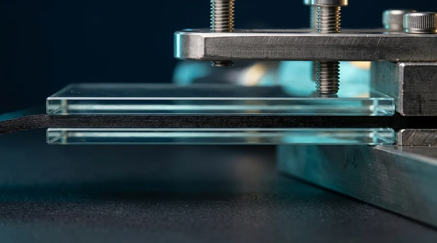 butyl tape insulated glass unit — dark butyl tape ribbon compressed between a glass pane and spacer bar on a laboratory bench | Global Formulation